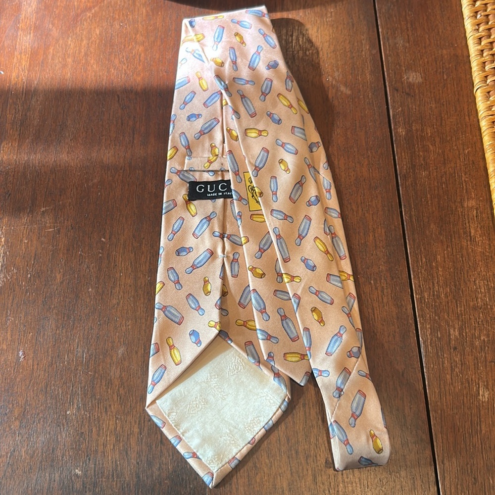 Gucci 100% Silk Bowling Pins Vintage Neck Tie Pink Blue - Picture 5 of 11